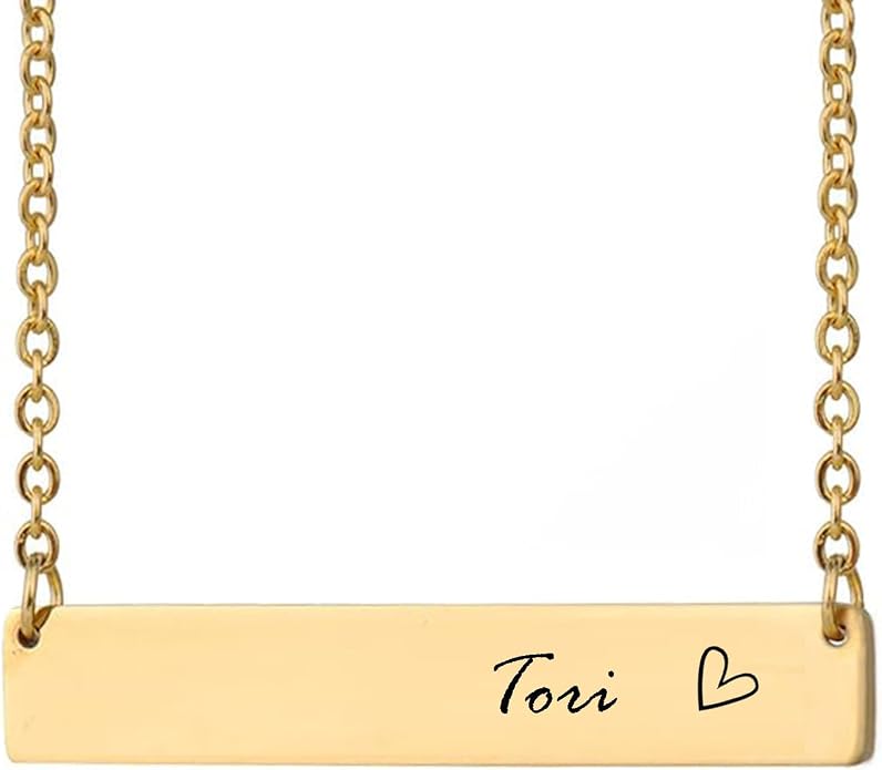 HUAN XUN Custom Bar Necklace Personalized Engraved Name Bar Necklace for Women Customized Stainless Steel Heart Pendant Bar Jewelry Gift for Her Mother Day Christmas