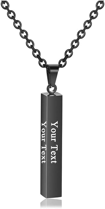 PiercingJ 4 Side Engraving Personalized Custom Message Name Bar Necklace Stainless Steel Pendant Chain for Men Women Valentine's Day Gift Box