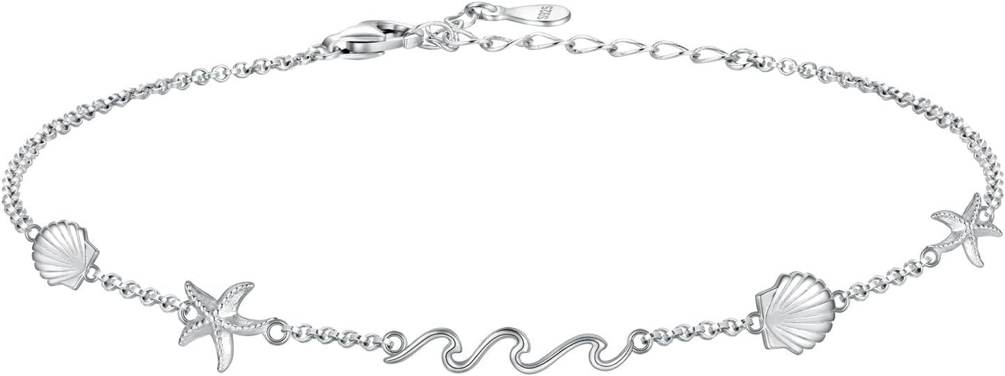 Ocean Wave Beach Shell Anklet 925 Sterling Silver Sea Starfish Seashell Ankle Bracelet Summer Jewelry Gifts for Women