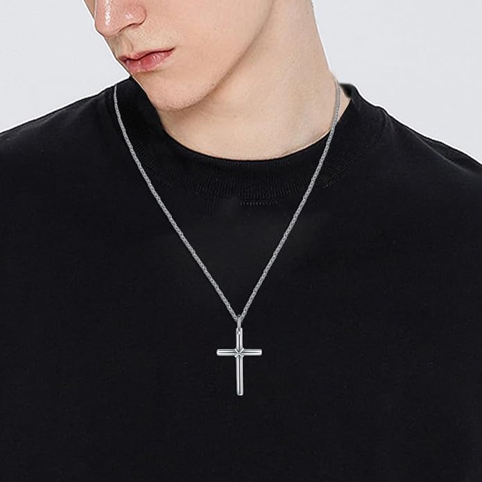 KXJ S925 Sterling Silver Black Cross/Best Dad/Baseball Bat/Silver Cross/Ankh Cross/Crucifix with 22+2 Inches Stainless Steel Rolo Chain Cross Necklace for Men Women Christian Religious Jewelry Gifts