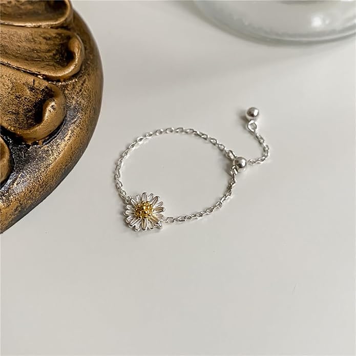 Cute Daisy Flower Chain Tassel Ring for Women 925 Sterling Silver Floral Link Tiny Bead Ball Dangle Adjustable Stacking Statement Finger Bands Promise Eternity Rings Dainty Birthday Jewelry Gifts for Mom
