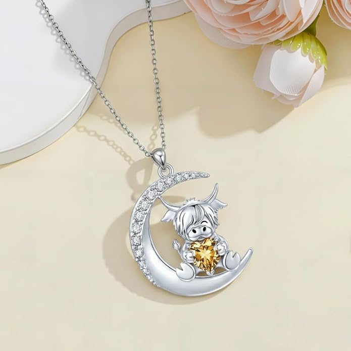 PROESS Animal Birthstone Necklace 925 Sterling Silver Otter/Axolotl/Hippo/Elephant/Dachshund/Monkey/Red Panda Pendant Necklace Animal Birthstone Jewelry Gifts for Women