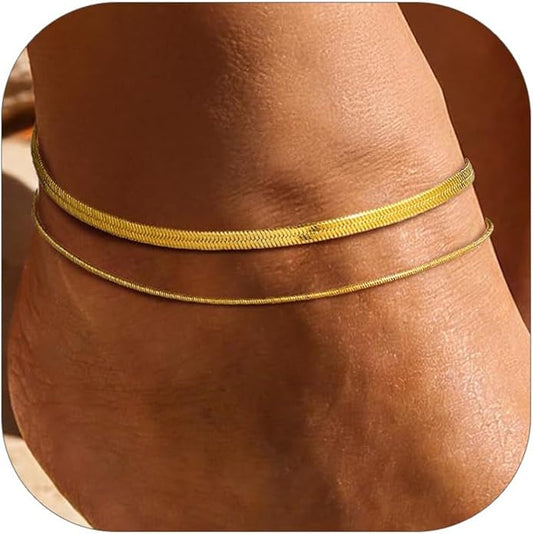 PROSTEEL Ankle Bracelets for Women Waterproof, Layered Stainless Steel Summer Beach anklets, Silver/Gold 8-10.5 Inch Adjustable, Come with Box