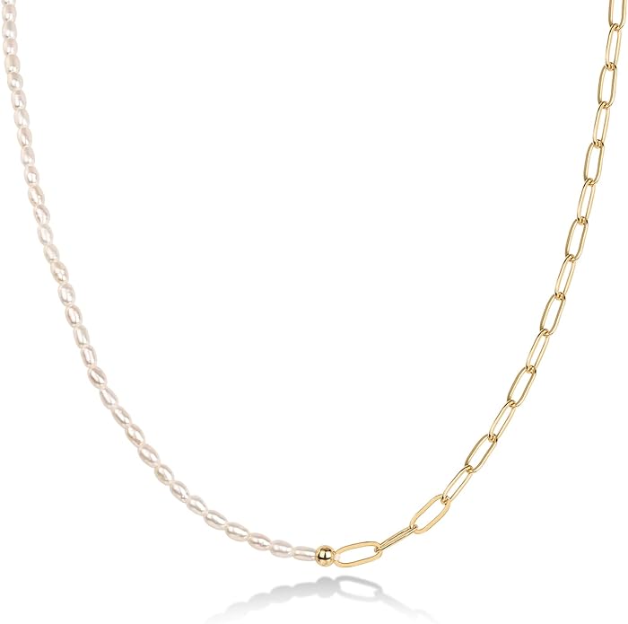 PAVOI 14K-18K Gold Plated Dainty Pearl Necklaces for Women - Station Beaded Choker Paperclip Chain Gold Pearl Necklace Bridal Jewelry