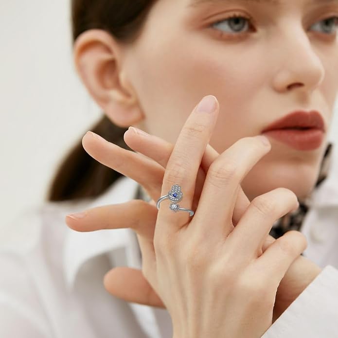 Hamsa Hand Evil Eye Ring for Women, Evil Eye Hamsa Hand of Fatima Ring Blue Cubic Zirconia Inspirational Turkish Eye Ring Hamsa Hand Jewelry Set Gifts Valentine Day Chrismtas Gifts