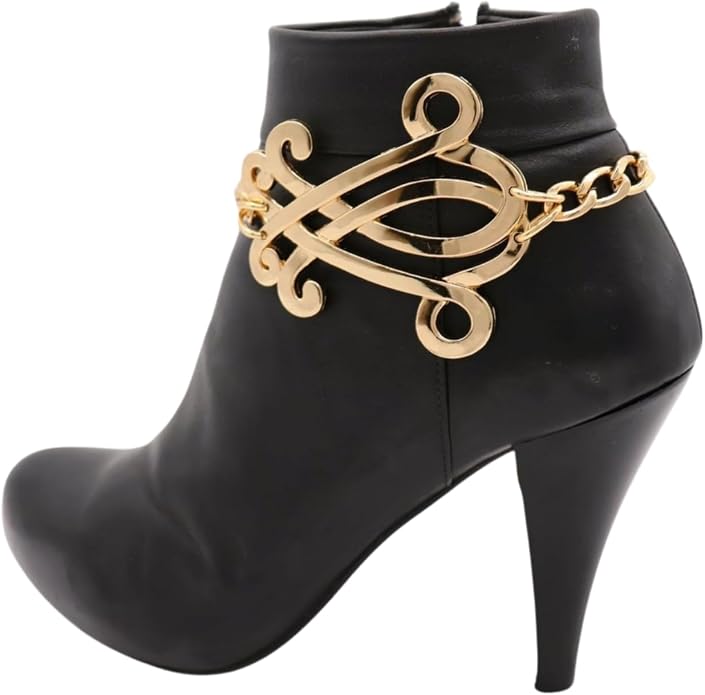 Women’s Gold Boot Chain Anklets – Pair | Western Concho Big Scroll Fish Charm Shoe Bracelets Adjustable 11"–15" Handmade in USA BC20
