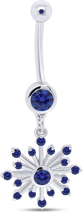 AFFY Snowflake Belly Button Ring for Women Simulated Birthstone, Round Cut Gemstone in 14K Gold Over 925 Sterling Silver, Navel Barbell Piercing Jewelry for Her