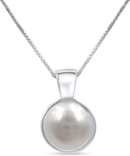 Natural gemstone 8mm round pendant with white gold over 925 sterling silver bezel cabochon plate and box chain, real genuine dainty birthstone gift for her, uniquelan jewelry