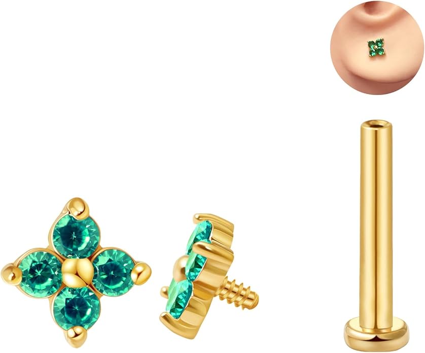 FANSING CZ Flower Internally Threaded Flat Back Earring Labret Stud for Cartilage Tragus Helix Conch