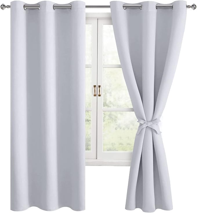 Hiasan Room Darkening Curtains for Bedroom, Noise Reducing, Energy Saving Blackout Window Curtain Panels, Sewn with Tiebacks, Set of 2, Grommet Top (Greyish White, Width 38 Inch x Length 72 Inch)
