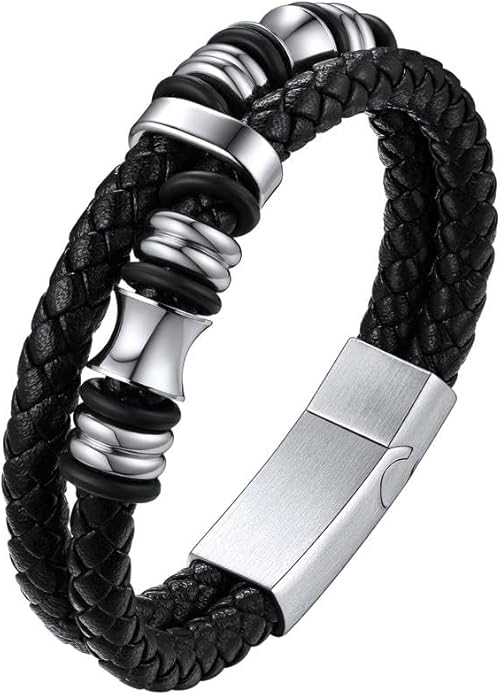 ChainsHouse Mens Wrap Braided Leather Black Bead Bracelets Bangles, Vintage Star of David/Wing Skull/Templar Cross Genuine Leather Bracelet, Customize Available, Size 7.5/8.3/9.0 Inch, Send Gift Box