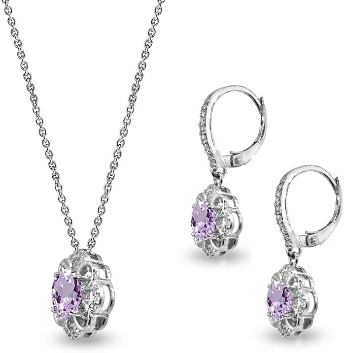 B. BRILLIANT Sterling Silver Genuine or Synthetic Gemstone 6mm Round-Cut Flower Dainty Slide Necklace & Leverback Earrings Set