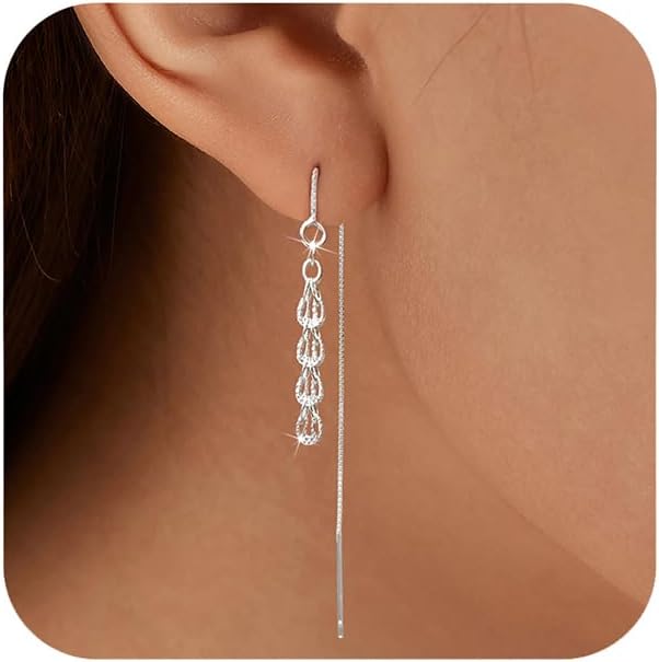 925 Sterling Silver Tassel Chain Dangle Earrings for Women Sparkling Long Fringe Dangle Drop Earrings Bling Line Minimalist Wedding Studs Earring Jewelry Birthday Christmas Gifts for Her