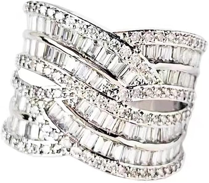 925 Sterling Silver Shiny Full Diamond Ring 18K Gold Cocktail Rings Criss Cross Cubic Zirconia Promise Rings CZ Diamond Multi Row Ring Eternity Engagement Wedding Band Ring for Women Z.32 (US Code 7)