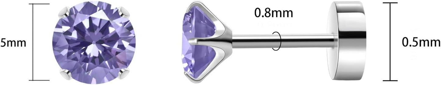 Titanium Earrings for Women Stud Earrings Cubic Zirconia Dainty Screw Flat Back Hypoallergenic Earrings for Women for Multiple Cartilage Helix Conch Tragus Piercing Jewelry for Sensitive Ears