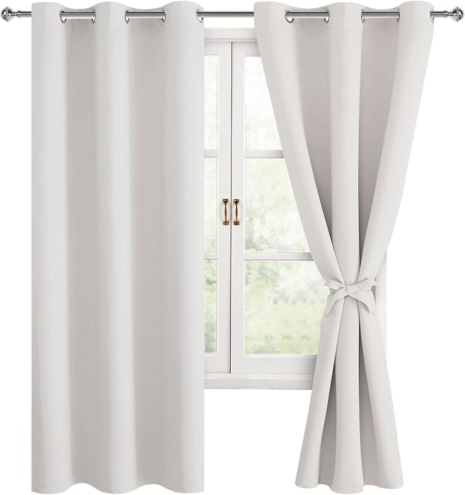 Hiasan Blackout Curtains for Bedroom, 42 x 63 Inches Length - Thermal Insulated & Light Blocking Window Curtains for Living Room/Kids Room, 2 Drape Panels Sewn with Tiebacks, Ivory