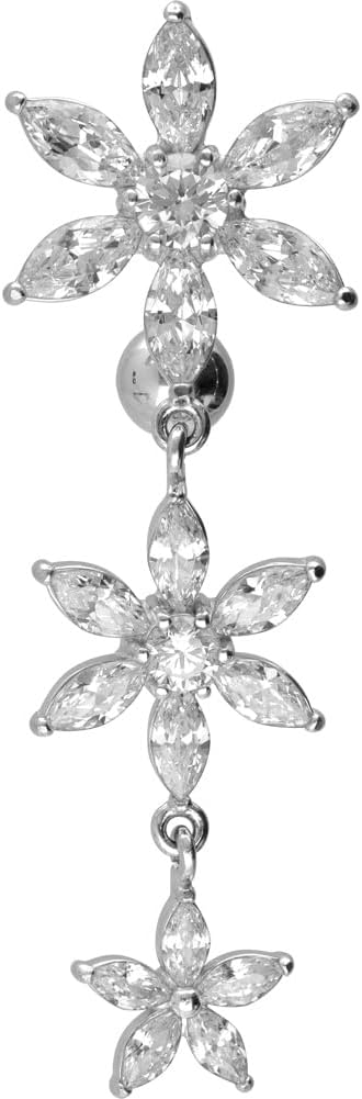 PIERCINGLINE Belly Button Piercing 3 CRYSTAL FLOWERS surgical steel, skin-safe