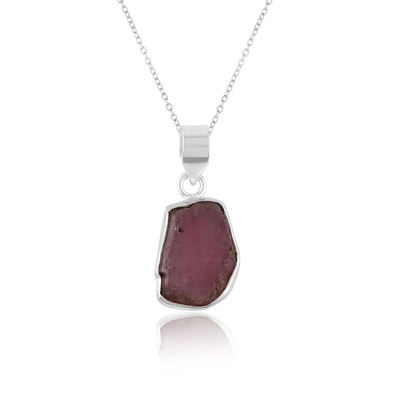 Natural Real Raw Pink Sapphire Crystals Bezel Pendant Necklace, Birthstone, Healing Rough Gemstone, 925 Sterling Silver Jewelry 18 inch (1 pendant)