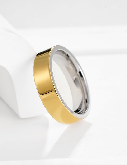 King Will 316L Stainless Steel Men's Wedding Band – 6/8 mm Dual-Tone Wedding Ring Polished Finish with Gold/Black Steel Plating, Fashionable and Durable Stainless Steel Men's Ring Size 7-14