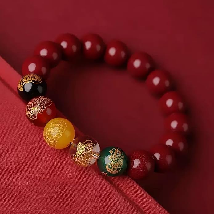 LINGYUAN Feng Shui Wealth and Luck Bracelet with Gold Foil Five Gods Amulet-Red Agate Cinnabar Gemstone Bracelet for Prosperity, Protection & Success, Lucky Charm Gift for Men & Women