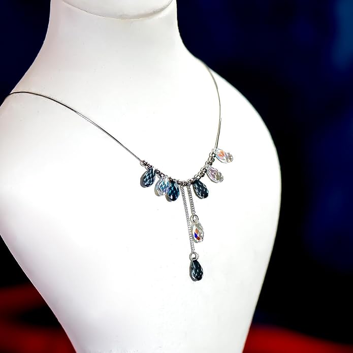 925 Sterling Silver Handmade Crystals Rain Drop Tassel layered Pendant Boho necklace statement Chandelier shape Lobster Clasp Length Choker 18"+2" Ideal Gift for Women Ladies Dress accessories.