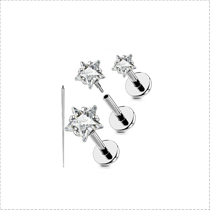 OUFER 18G 6/7/8MM Flat Back Cartilage EarRings-3PCS Gold Titanium Extended Internally Threaded Lip Piercing 2/3/4MM Round Clear CZ Helix Piercing Jewelry