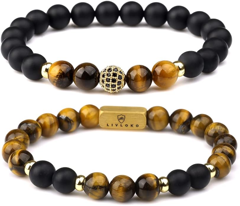LONDON Mens Bracelet Leather Black Multi-Layer Stone Beads Adjustable Steel Clasp Viking Rope Bands Surfer Man Wristband Male UK Jewellery Gift box Boyfriend Dad Son Brother Tiger Eye