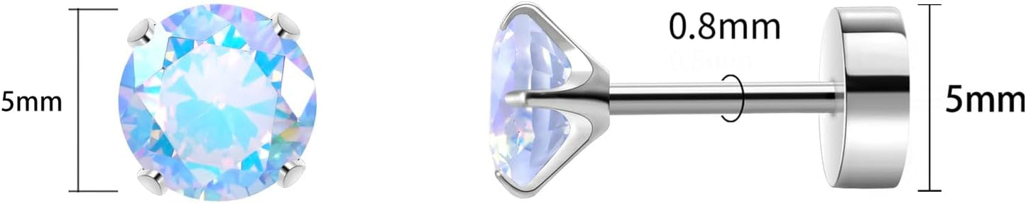 Titanium Earrings for Women Stud Earrings Cubic Zirconia Dainty Screw Flat Back Hypoallergenic Earrings for Women for Multiple Cartilage Helix Conch Tragus Piercing Jewelry for Sensitive Ears