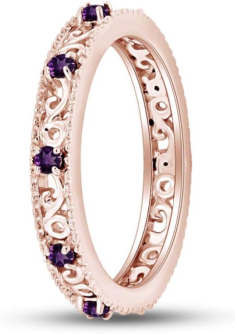 Jewel Zone US Filigree Eternity Wedding Band Ring for Women, Round Cut Simulated Gemstone Stackable Promise Ring in 14K Gold Plated 925 Sterling Silver Band Width 3.5mm – Elegant Jewelry for Her