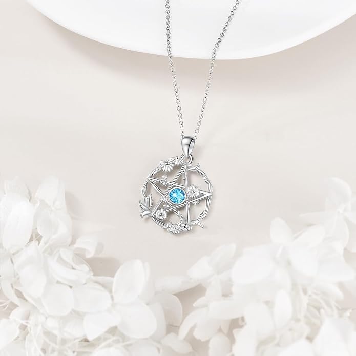 Birthstone Pentagram Necklace for Women 925 Sterling Silver Pentacle Daisy Pendant Pentacle Jewelry Birthday Gifts
