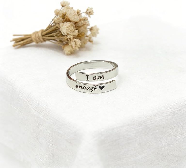 I Am Enough Ring For Women, Self Love Silver Open Band Gold Rings Card Engraved Motivation Stackable Inspirational Neighbor Bestie Friendship Jewelry