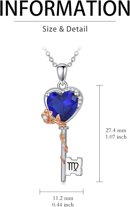 OCJ Zodiac Necklace for Women 925 Sterling Silver Rose Flower Key Pendant Necklaces Zodiac Birthstone Jewelry Wife Birthday Anniversary Christmas Gifts for Her