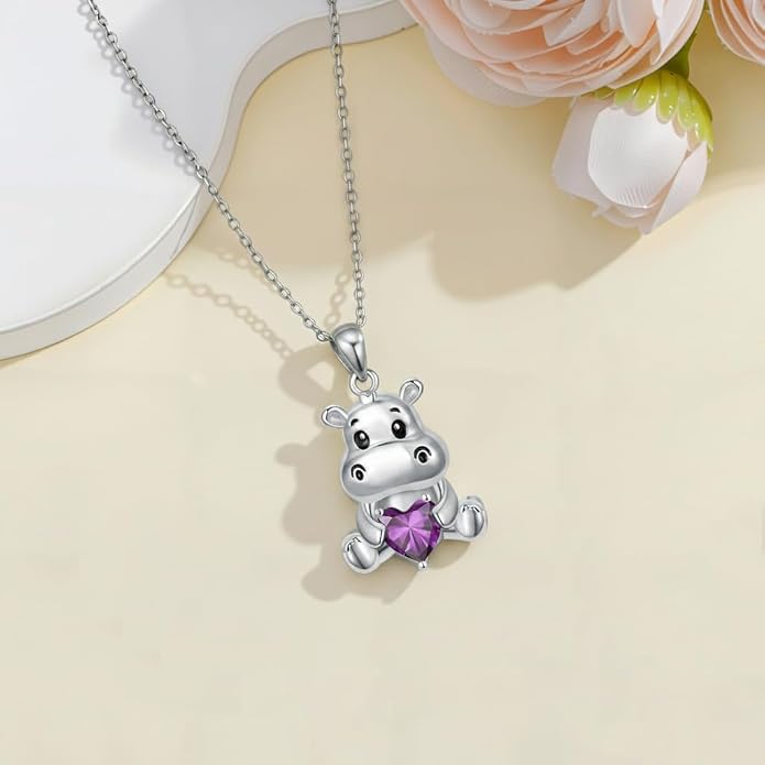 PROESS Animal Birthstone Necklace 925 Sterling Silver Otter/Axolotl/Hippo/Elephant/Dachshund/Monkey/Red Panda Pendant Necklace Animal Birthstone Jewelry Gifts for Women