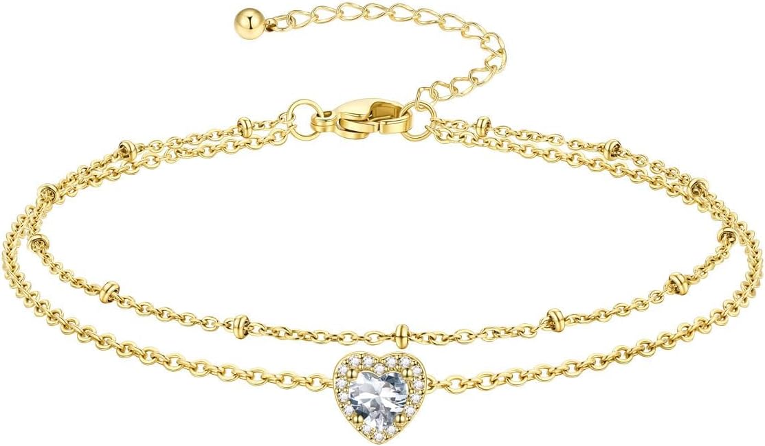 Richsteel Double Layer Heart/Butterfly Birthstone Anklet for Women Non Tarnish Waterproof, Silver/Gold/Black Stainless Steel 8.5-10.5 Inch Adjustable Chain Anklets Jewelry Gifts for Her