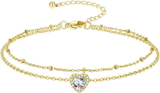 Richsteel Double Layer Heart/Butterfly Birthstone Anklet for Women Non Tarnish Waterproof, Silver/Gold/Black Stainless Steel 8.5-10.5 Inch Adjustable Chain Anklets Jewelry Gifts for Her