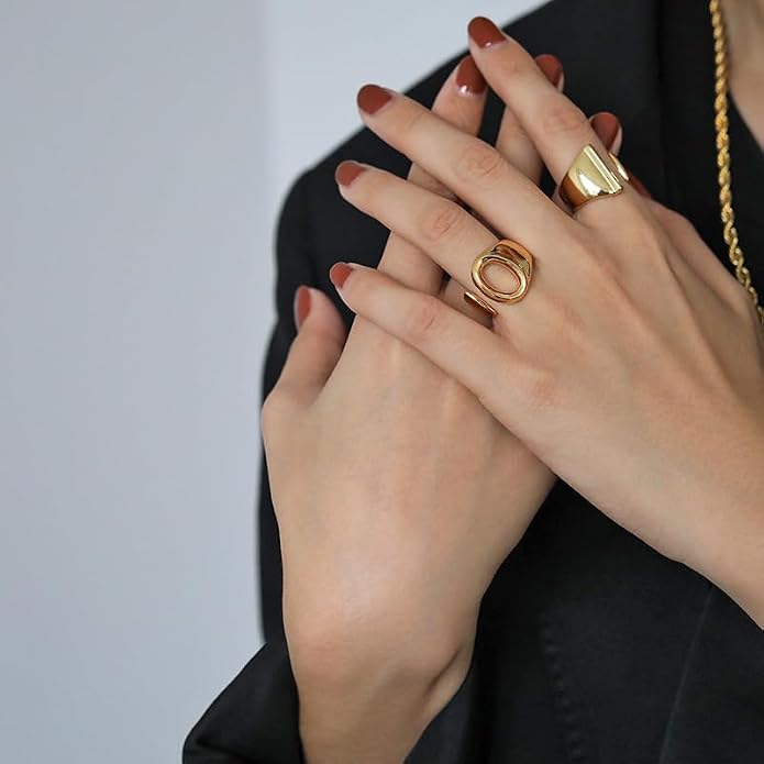 FindChic Customizable Initial Ring Statement 18K Gold Plated Fashion Cuff Rings for Women Alphabet Letter A to Z Resizable Knuckle Ring (with Gift Box)