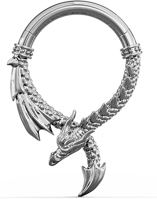 PUNKYOUTH Titanium 16G Septum Nose Ring Clicker Hoop Titanium 316L Surgical Steel Gothic Alternative Piercing Jewelry for Septum Helix Rook Tragus Cartilage Hinged Clicker Hoop with Bat Dragon Spike Eye Design 8mm