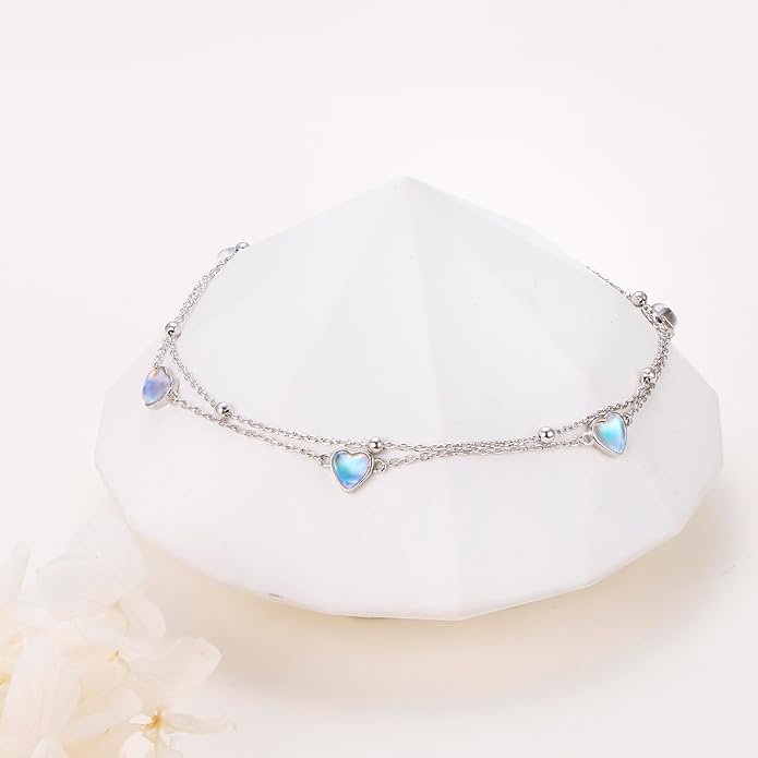 Flyow Anklet for Women S925 Sterling Silver Adjustable Foot Beaded Heart Charm Ankle Bracelet Anklets Jewelry