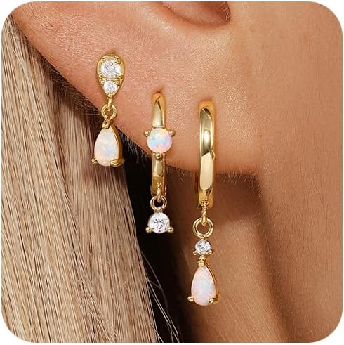 Angelady Opal Earrings Set for Women, Hypoallergenic S925 Sun Stud Earring for Sensitive Ears, Dainty Hoop Huggie Silver Opal Dangle Earring Stacks, Blue Earrings for Women Trendy 2025