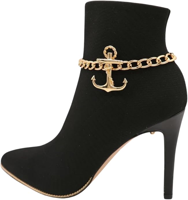 Women Western Fashion Jewelry Gold Metal Boot Chain Bracelet Shoe Anklet Anchor Charm SET BC212