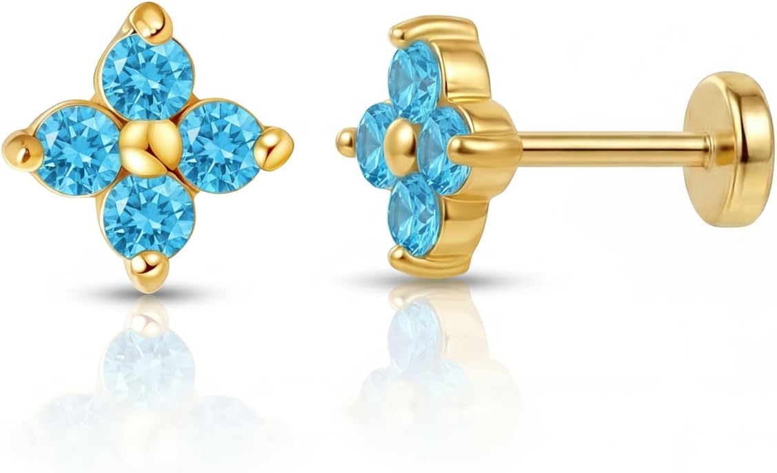 FANSING Short Threadless Cartilage Earring Stackable CZ Birthstone Flat Back Earrings for Women Small Stud Earrings for Tragus Helix Earlobe 18K Gold Plated ‌Rainbow 5.0mm