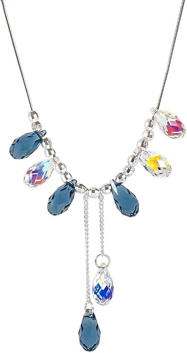 925 Sterling Silver Handmade Crystals Rain Drop Tassel layered Pendant Boho necklace statement Chandelier shape Lobster Clasp Length Choker 18"+2" Ideal Gift for Women Ladies Dress accessories.