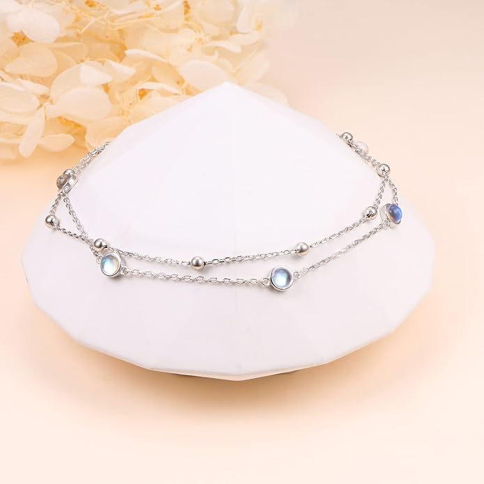 Flyow Anklet for Women S925 Sterling Silver Adjustable Foot Beaded Heart Charm Ankle Bracelet Anklets Jewelry