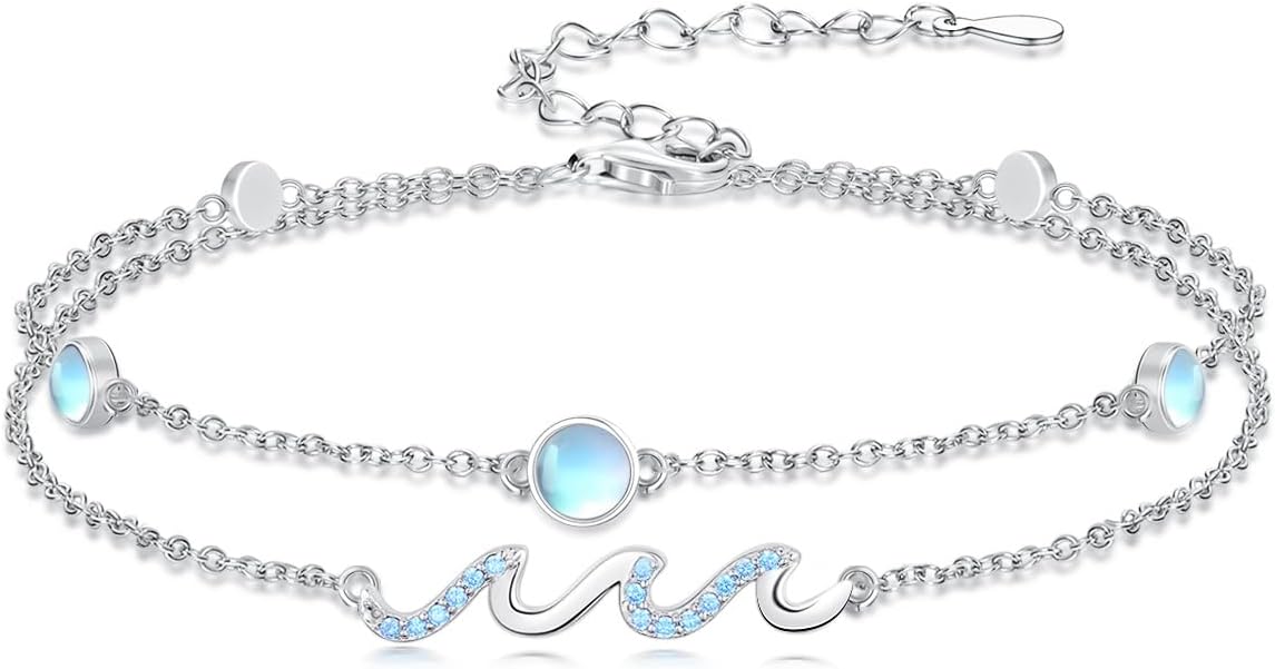 Wave/Dolphin Bracelet/Sea Turtles Anklet 925 Sterling Silver Adjustable Moonstone Bracelet/Anklet Summer Ocean Jewelry Gifts for Women
