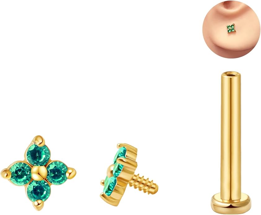 FANSING CZ Flower Internally Threaded Flat Back Earring Labret Stud for Cartilage Tragus Helix Conch