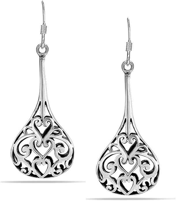 LeCalla 925 Sterling Silver Filigree Dangle Drop Earrings | Lightweight Antique Balinese Teardrop Dangle Drop Earring for Women