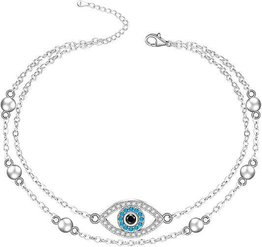 Fenthring Evil Eye Anklet Sterling Silver Protection Turkish Blue Eyes Ankle Bracelets Anklets for Women Chain Jewelry
