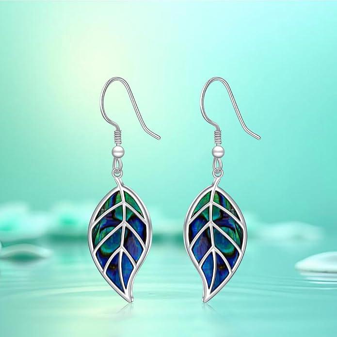 Leaf Earrings for Women Sterling Silver Opal Dangle Earrings Nature Green Blue Opal Drop Leaf Abalone Shell Jewelry Gifts