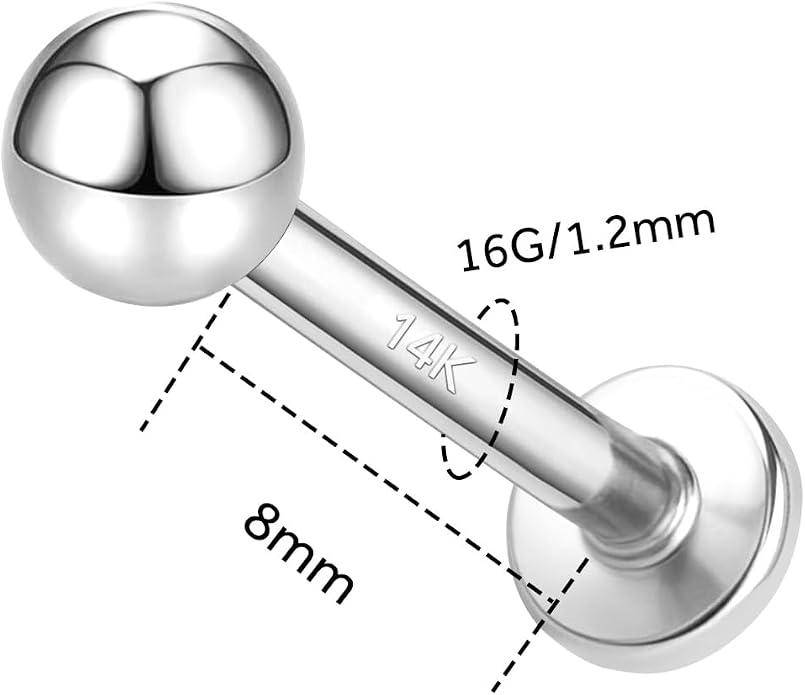 14k Yellow/White Gold Body Jewelry Earrings for Women Threaded Micro CZ Gem Top Tragus/Helix/Labret Stud 16G 6mm 8mm