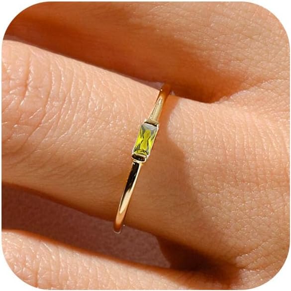 RLMOON Birthstone Rings for Women Non Tarnish Gold Stackable Rings Dainty 14K Gold/Silver Plated Baguette CZ Emerald Green Pinky Ring Personalized Jewelry Gift for Birthday Size 4-10